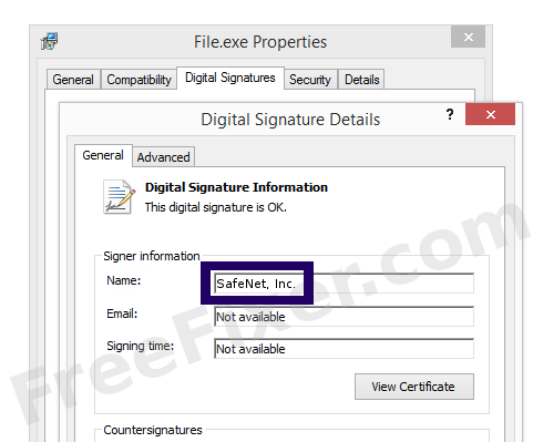 Screenshot of the SafeNet, Inc. certificate